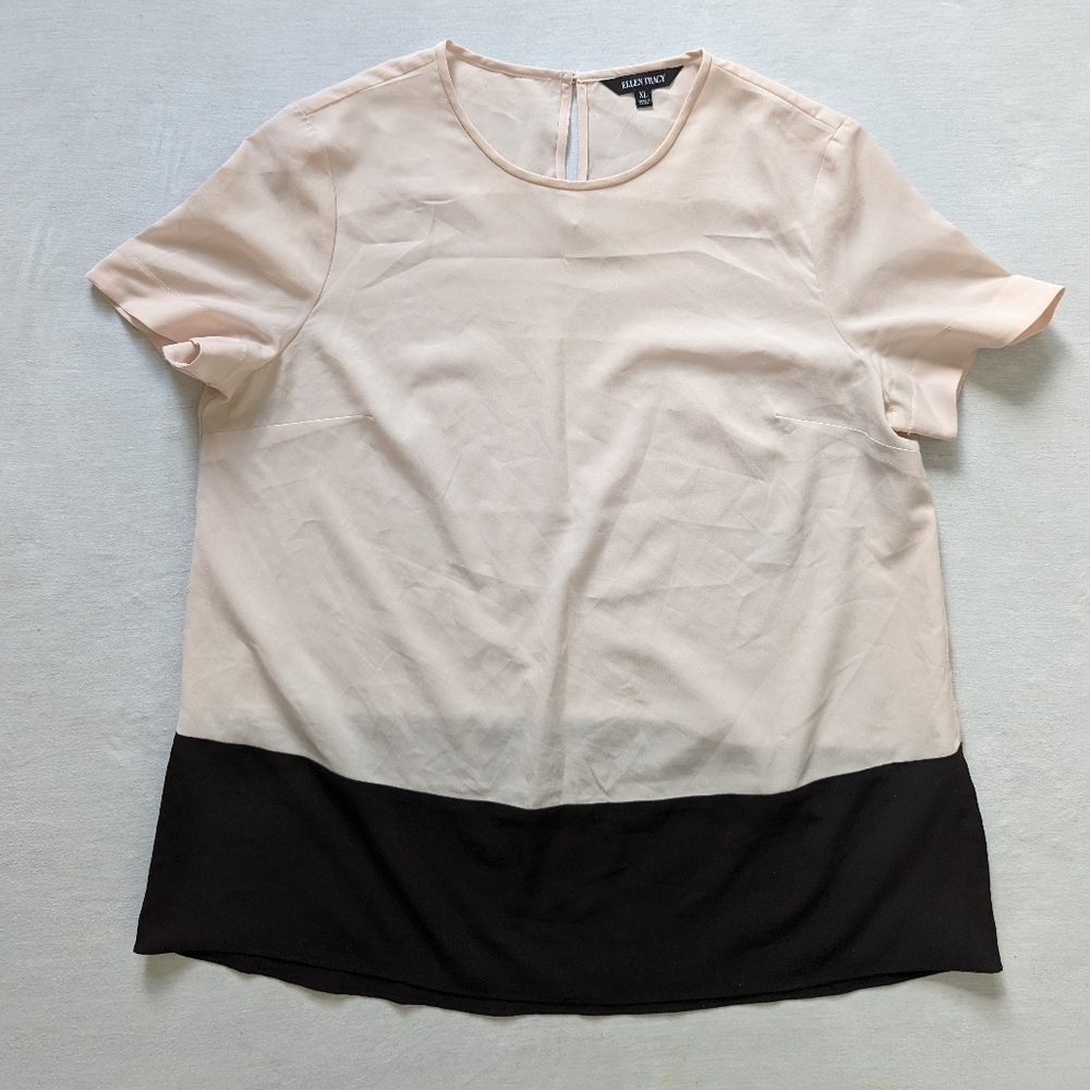 Ellen Tracy short sleeve pink and black color block blouse women's XLarge